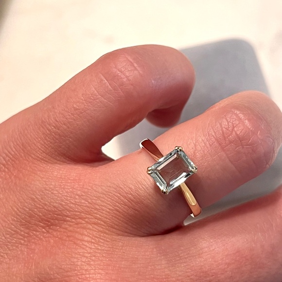 Emerald-Cut Aquamarine Ring with Solid Yellow Gold Setting - Women Jewelry - Picture 7 of 10